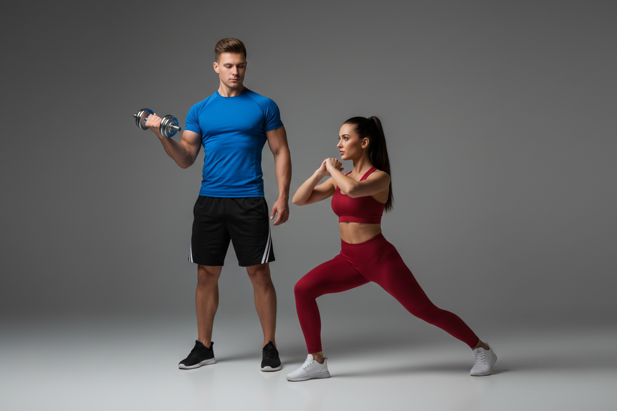 man with a gymweight in a hand, woman dooing some excercices, plain background